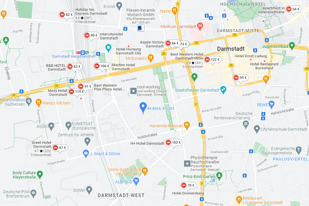 GoogleMaps-Ausschnitt mit Hotels nahe der h_da